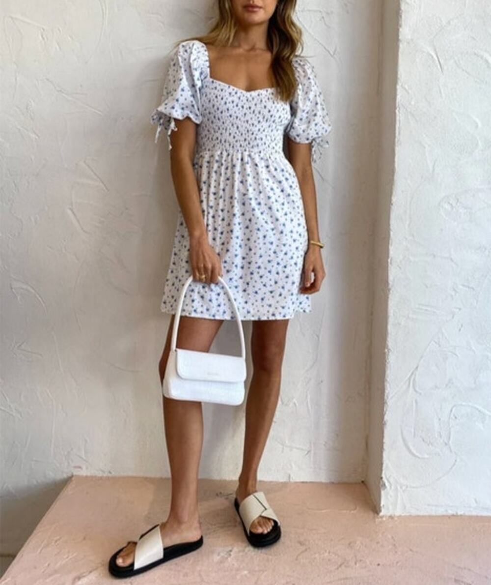 Faithfull The Brand Wendy Smocked Mini Puff Sleeve Floral Dress White Blue XS